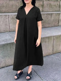 Purpdrank  Summer Fashion Elegant Women's Dress V-neck Cotton Linen Solid Color Pleated Short Sleeve Casual Pocket Split Long Dress