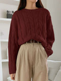 Purpdrank  Women Fall Winter Twist Knit Top Pullover Sweater Loose Round Neck Solid Color Versatile Fashionable Comfortable Petite