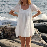 Purpdrank  Casual Loose White Mini Dress Women Summer Short Sleeve O-neck Lace Short Dresses Elegant