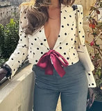 Purpdrank  Elegant Casual Women's Suit Coat with Bow Tie Decor Polka Dot Pattern Regular Sleeve Length Full Polyester Fiber