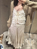 Purpdrank  Creamy Lace Ruffled Layered Strappy Top Women Blouses Vintage Sleeveless O Neck Cropped Camisole Boho Beach Sheer Tanks Tops