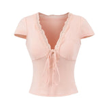 Purpdrank  Women's Summer Slimming T-Shirt Pure Lusty Sweet Sexy V Neck Short-Sleeved Top with Breast Pads New Style