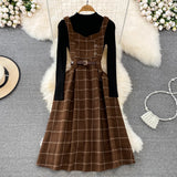 Purpdrank - High Quality Fall Winter Women Sweater Overalls Dress Sets Casual Knitted Tops +Plaid Woolen Dress 2 Piece Sets Outfits Female