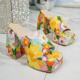 Purpdrank  Fashion Flower Print Chunky Heel Sandals Women Outdoor Party Super High Heels Slippers Woman Square Toe Platform Sandles 36-42