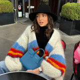 Purpdrank  Chic Knitted Cardigan Autumn Winter Women Coat Trend Stripes Fluffy Sweater Designs Long Sleeve Tops Casual Loose Jumpers New