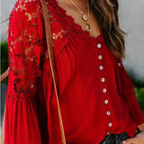 Purpdrank  Faionable Women's S2XL Blouse Lace irt Tops Summer Lady's Long Sve Cotton V-Ne Hollow out Splicing Bellsve