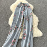 Purpdrank - Women Sweet Korean Pink Sweet 3 Pieces Set For Women Knitted Sling Vest +sunscreen+floral Print Wide Leg Denim Long Pants Suits