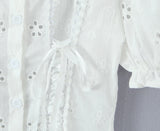 Purpdrank  Sweet White Embroidery Hollow Out Hole Splice Lace Peter Pan Collar Short Sleeve Shirt Women Ribbon Front Slim Crop Tops