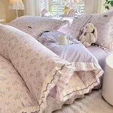 Purpdrank  Korean Princess Style Floral Prints Ruffles Bedding Set Double Layer Yarn 100% Cotton Duvet Cover Pillowcases Bed Sheet 4Pcs