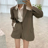 Purpdrank  Korean Chic Women Short Suits Autumn New Blazer + High Waist Wide Leg Shorts 2 Pieces Office Ladies Two Piece Jacket Outfits