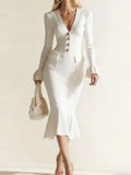 Purpdrank  Elegant V-neck Button Fishtail Dress Casual Flared Sleeve Hight Waist Slim Long Dress Women Fashion Commute Solid Party Dresses