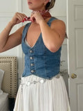 Purpdrank  Denim Vest For Women Sleeveless Button Vest Solid Slim Outwear For Women Spring Autumn Casual Denim Crop Tops