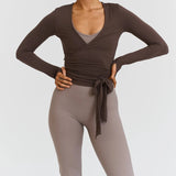 Purpdrank  Women Ballet Wrap Tops Bow Tie Front Long Sleeve Wrap V Neck Workout Shirts Slim Fit Pilates Wrap T-shirts Tees