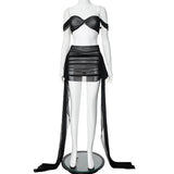 Purpdrank Women Sexy Double Layered Mesh 2 Piece Set Off Shoulder Twist Strapless Crop Top + Ribbon Ruched Mini Skirts Party Clubwear Suit
