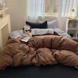 Purpdrank  Bed Linen Bedding Set Solid Color Stripes Printing Washed Cotton Bedroom Decor Duvet Cover Pillowcase Bedspread Four Piece Sets