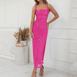 Purpdrank  Women Dresses Sexy Backless Sequin Suspender Long Dress Slim Slit Square Neck Party Dress Cocktail Split Vestidos Robes Longues
