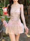 Purpdrank  Korean Sweet Spicy Girl 2 Piece Set Women Print Lace Patchwork Tops + Mini Skirt Female Retro Slim Hottie Elegant Outfits Summer