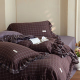 Purpdrank  Vintage French Large Ruffles Embroidery Wide Edge 100% Cotton Bedding Set Duvet Cover Flat/Fitted Bed Sheet Pillowcases 4Pcs