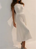 New Summer Sleeveless Women's Knitted A-Line Dresses High Waist Casual Korean Khaki Umbrella Midi Dresses Female
