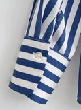 Purpdrank  CHIC Autumn Lapel Blue White Striped Print Bright Satin Shirt Women Single-Breasted Buttons Full Sleeve Loose Blouses Tops