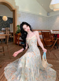 Purpdrank  Summer Floral Printed Long Dress Women Patchwork Lace Chiffon Fairy Dress Casual Gold Stamping Bow Tie Suspender Dress