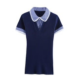 Purpdrank  small round lapel short sleeved zipper decoration summer new women's fashion slim fit T-shirt