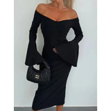 Purpdrank  S-XXL Women's Fashion One Word Collar Horn Sleeve Party Dress Ladies Casual Solid Color Comfortable Versatile Slim Fit  Dress