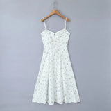 Purpdrank  Sexy White Floral Print Cross Lacing up Bandage Back Sling Dress Women Corset Style Bow Ruched Chest Hem Slit Swing Midi Robe