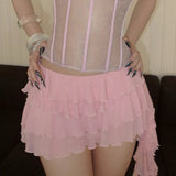 Purpdrank  Hotty Pink Tierred Ruffled Hem A-line Skirt Sweet Style Women Mesh Mini Skirts with Shorts Under Fashion Clubwear