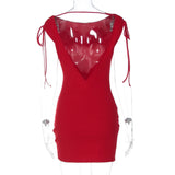 Purpdrank  Red Metal Buckle Ruched Bodycon Mini Dresses For Women Sexy Short Sleeve Drawstring Backless Party Clubwear Dress