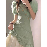 Purpdrank  Double Layer Bubble Sleeved Improved Cheongsam New Modern Chinese Style Slim Dress Elegant Embroidery Traditional Qipao