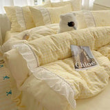 Purpdrank  Fashion Lattice Bedding Set Bed Sheet Cute Princess AB Double Sided Ruffle Flower Quilt Cover Pillowcase Bedclothes Home Textile