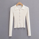 Purpdrank  CHIC Retro Knitting Single Breasted Button Lapel Cardigan Sweater Woman Stripe line Long Sleeve Jumper Knitted Knitwear