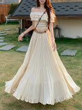 Purpdrank  French Style Summer Elegant Women 2 Piece Set Y2k Ruffle Off Shoulder Crop Top High + Waist A-line Long Skirt Female Outfits New