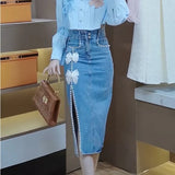 Purpdrank  Jeans Skirts for Women Gyaru Midi Woman Denim Skirt with Slit Cute Kawaii High Waist Clothing Trend 2025 Cheap Chic and Elegant