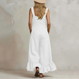 Purpdrank  New Summer Ruffle Hem Wide Leg Jumpsuit Women Button Square Neck Casual Loose Romper Retro Sleeveless High Waist Pocket Playsuit