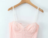 Purpdrank  Pink Embroidery Floral Bra Corset Style Sling Dress Women Cross Lacing up Back 2 Layers hem Party Skater Mini Dresses Robe