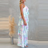 Purpdrank  Floral Print Off Shoulder Women's Beach Dress Summer Sweet Backless Party Dresses Stacked Ruffle Edge Design Holiday Long Dress
