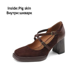 Purpdrank - Mary Jane Shoes 2023 Autumn New Vintage Style Elegant High Heels Square Head Shallow Mouth Cross Buckle Shoes Women