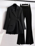 Purpdrank - Women Suits Office Sets New Spring  Long Sleeve Fold Pocket Blazer Women Solid Color Bell Bottoms Fashion Elegance Office Lady