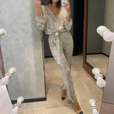 Purpdrank  Jumpsuit Women Sexy V Neck Sequins Long Sleeve Casual Belt Overalls Female High Waist Playsuit Elegant Ladies Party Club Romper