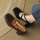 Purpdrank - Mary Jane Shoes 2023 Autumn New Vintage Style Elegant High Heels Square Head Shallow Mouth Cross Buckle Shoes Women