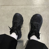 Purpdrank  Black Dad Shoes Unisex Sporty Casual Style Synthetic Wax Leather Cross Buckle Closure Anti-Slip Rubber Sole for Spring Season