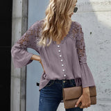 Purpdrank  Faionable Women's S2XL Blouse Lace irt Tops Summer Lady's Long Sve Cotton V-Ne Hollow out Splicing Bellsve