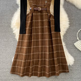 Purpdrank - High Quality Fall Winter Women Sweater Overalls Dress Sets Casual Knitted Tops +Plaid Woolen Dress 2 Piece Sets Outfits Female