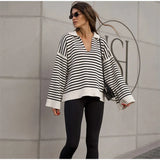 Purpdrank  Knit Striped Women Sweater Full Sleeve Deep V Neck Female Top 2025 Fashion Casual Autumn Loose Turn-down Collar Lady Pullovers