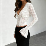 Purpdrank  See Through Sexy Lace T-Shirt Elegant Fashion Slim-Fitting Deep V-Neck Long Flare Sleeve Tees Women Layering Tops Y2K Streetwear