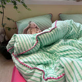 Purpdrank  Ins Nordic Minimalist Style Green Strip Bedding Sheet Duvet Cover Set Home Luxury Bedding Set Bed Sheets Comfortable Bedspread