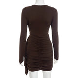 Purpdrank  Long Sleeve Ruched Mini Dress Women Fashion Brown O Neck Long Sleeve Slim Bodycon Dress for Daily Office Dating Outfits