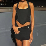 Purpdrank  Y2K Streetwear Solid Color Women Buttons Low Waist Pleated Skirt Folded A-line Saia Mini Skirt With Shorts Lining